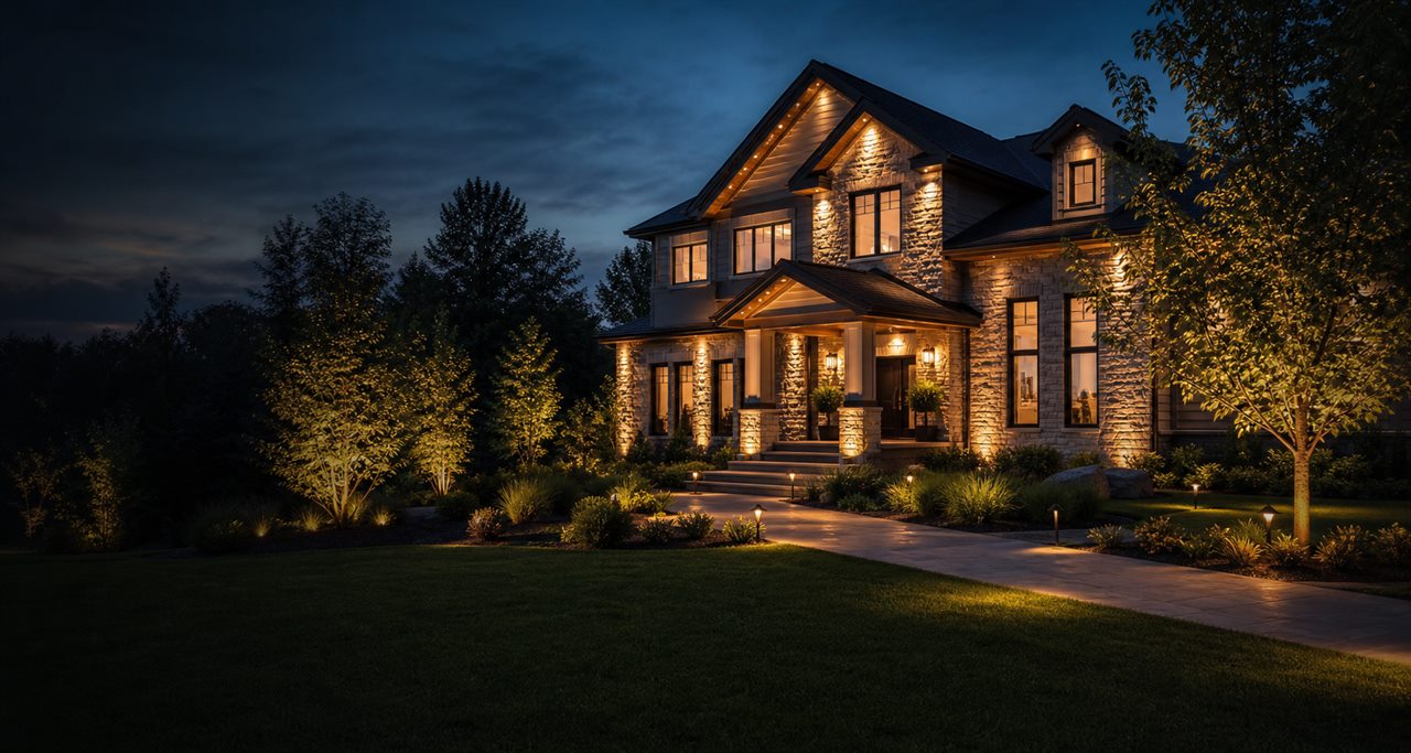Example of warm-white lighting along a home roofline