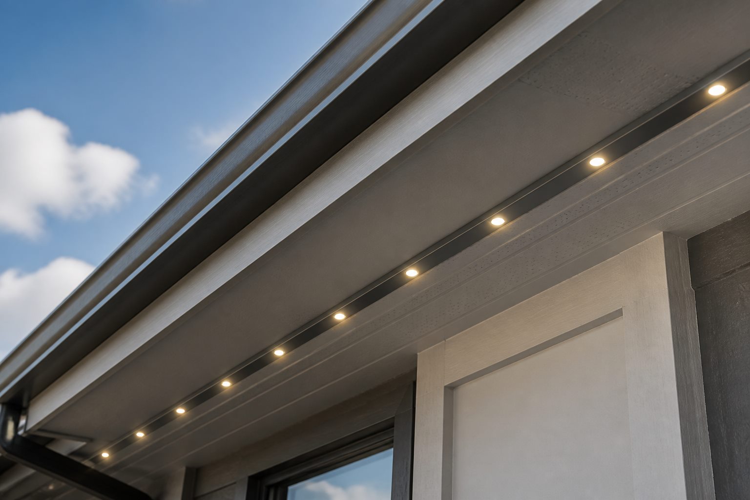 Close-up of discreet permanent lighting track installed under a roofline soffit in daylight.