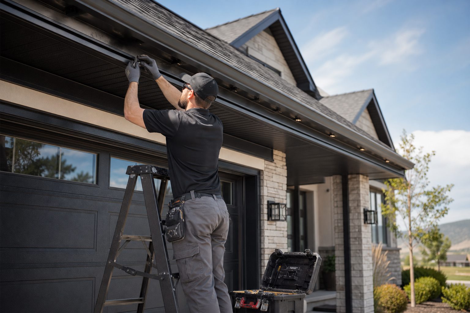Professional exterior lighting installation planning for a home.