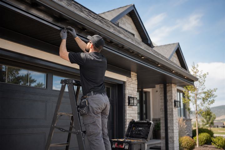 Professional permanent lighting installer working under a home roofline.