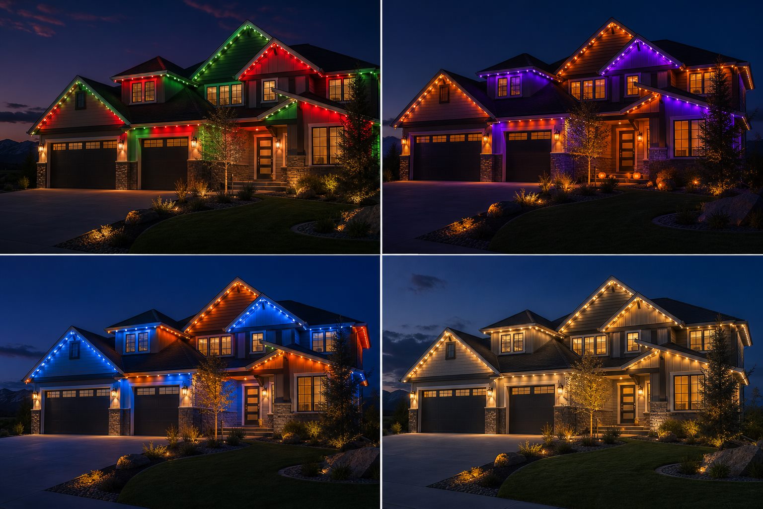 Four premium roofline lighting scenes showing Christmas, Halloween, game day, and everyday warm-white colors.