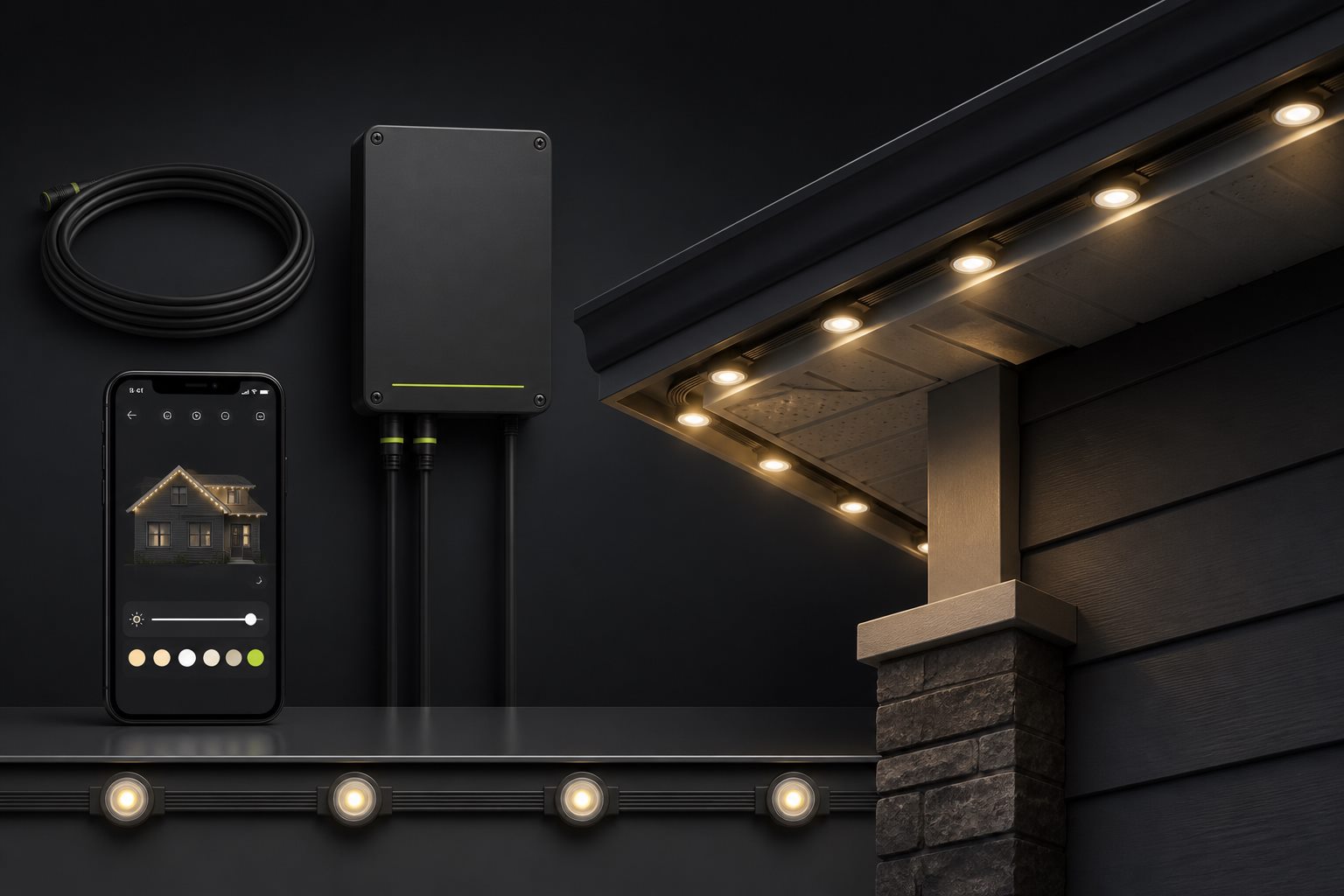 Permanent roofline lighting system detail with LED track, controller, wiring, and app control.