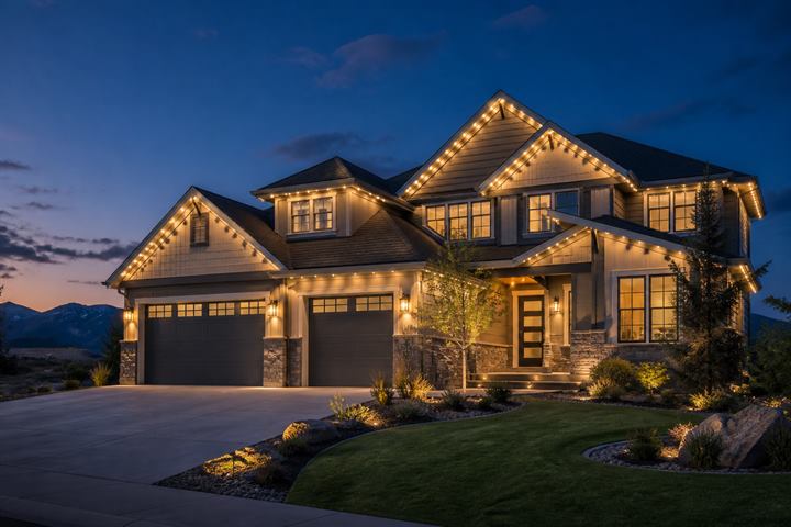 Warm-white permanent roofline lighting on an upscale home at dusk.